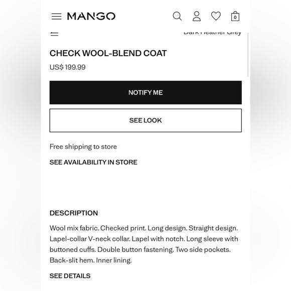 NWT Mango LARGE Check Wool-blend double breasted pea coat- black/gray - Picture 11 of 11